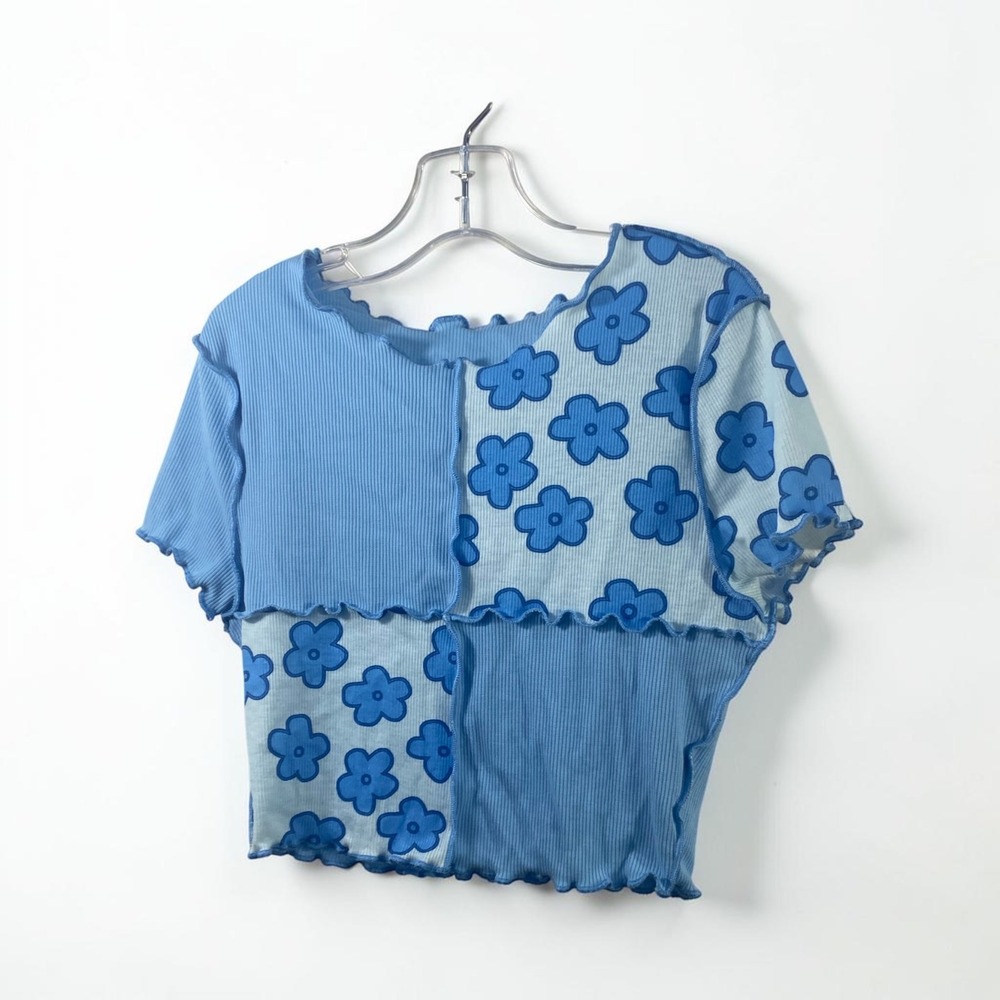 Shein Teen Blue Patchwork Floral Ribbed Lettuce Edge Crop Top Size 12-13Y